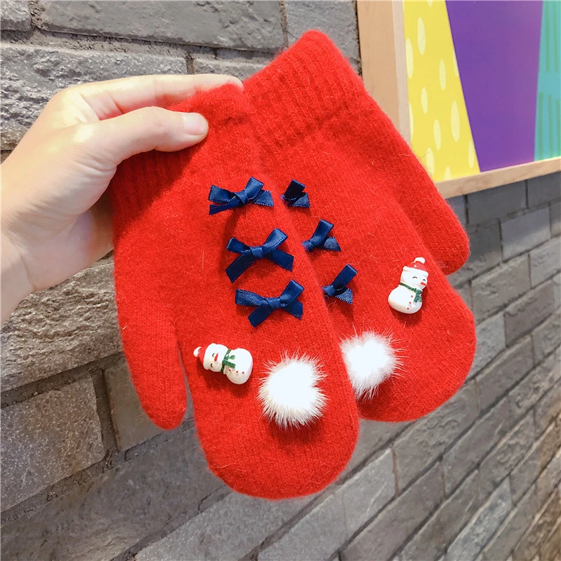 Christmas Series Female Red Festive Happy Snowman Cute Cartoon Students Wrapped Fingers Thickened Velvet Anti-Wind and Cold Warm Gloves