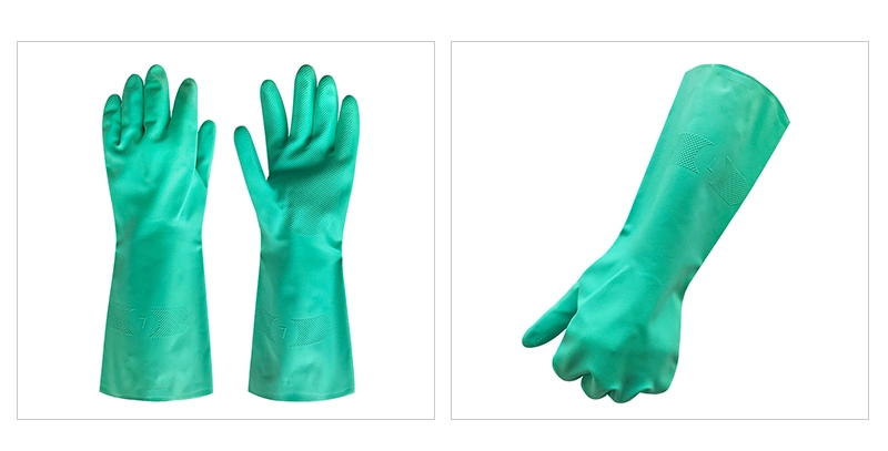 33cm Green Flocked Lining Nitrile Chemical Resistant Working Protect Glove